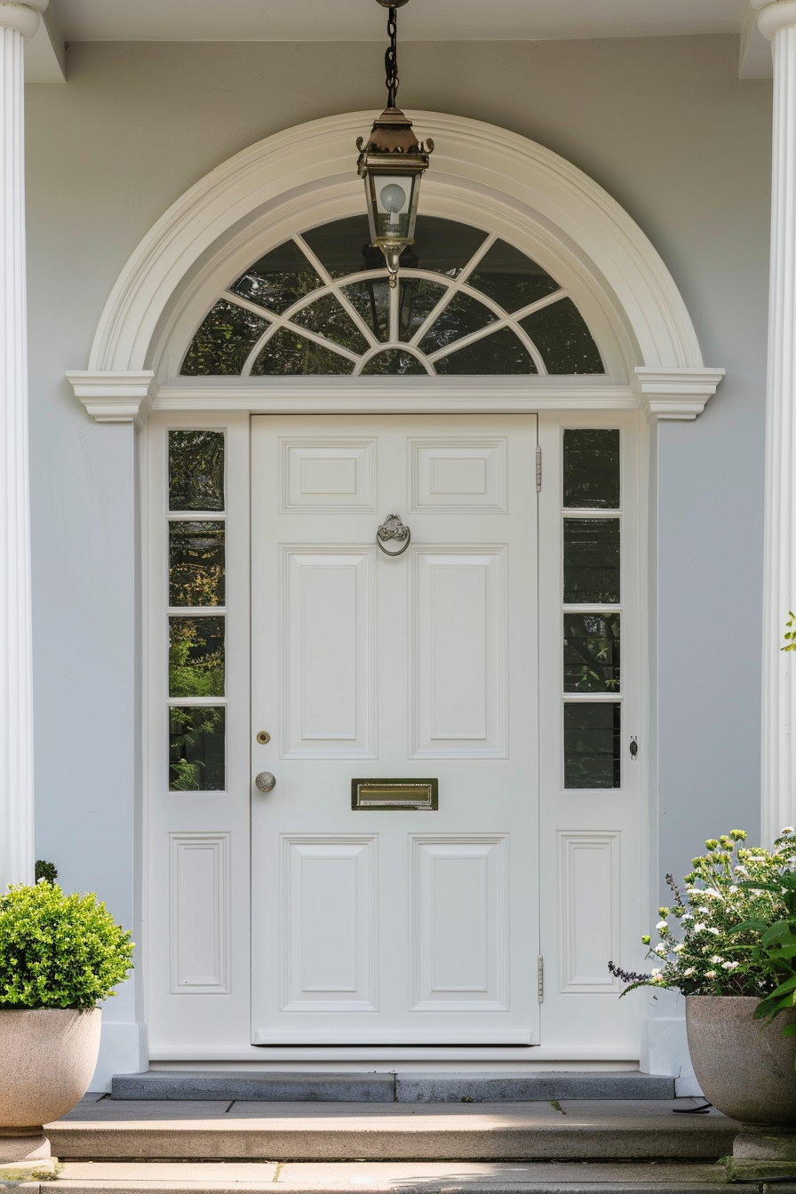 Elegant white front door with arched transom window and hanging lantern, flanked by potted plants on a sunny day.