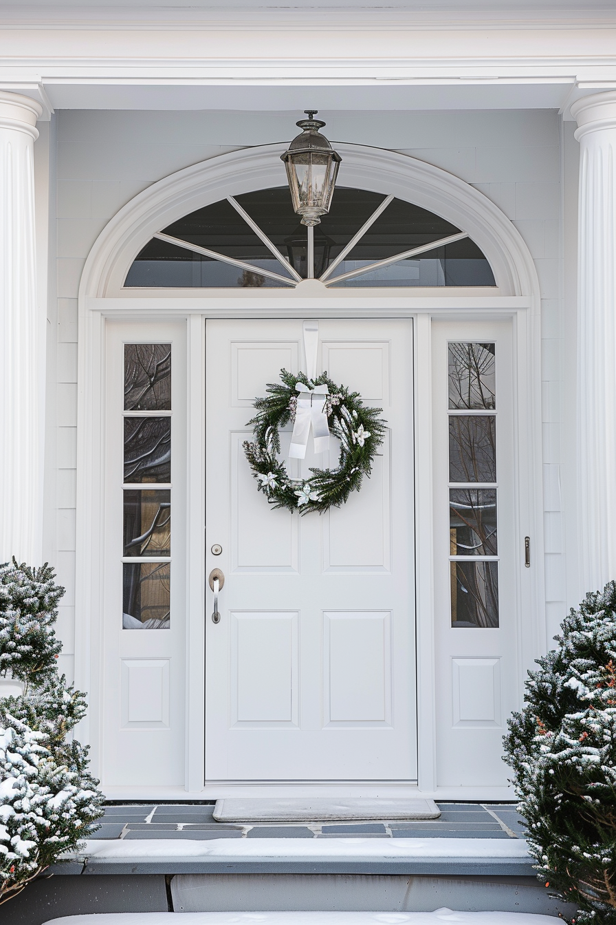An elegant white front door adorned with a festive wreath, flanked by snow-dusted pine trees, under a classic outdoor lantern.