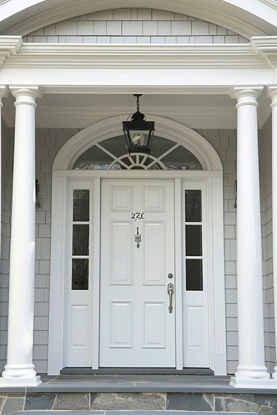 White front door of a house with a hanging lantern, fanlight, number 22C, and surrounded by columns.