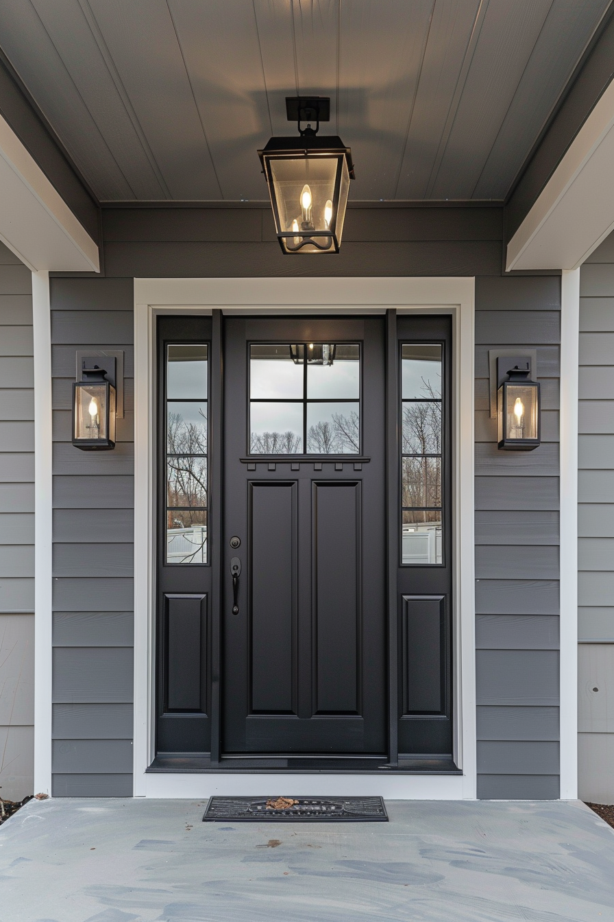 Elegant black front door flanked by sidelights and matching wall lanterns on a home with gray siding.