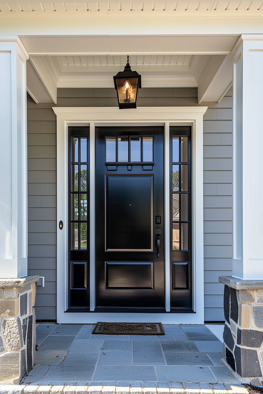 Elegant entryway featuring a black front door with sidelights, a hanging lantern, and gray siding under a white porch ceiling.