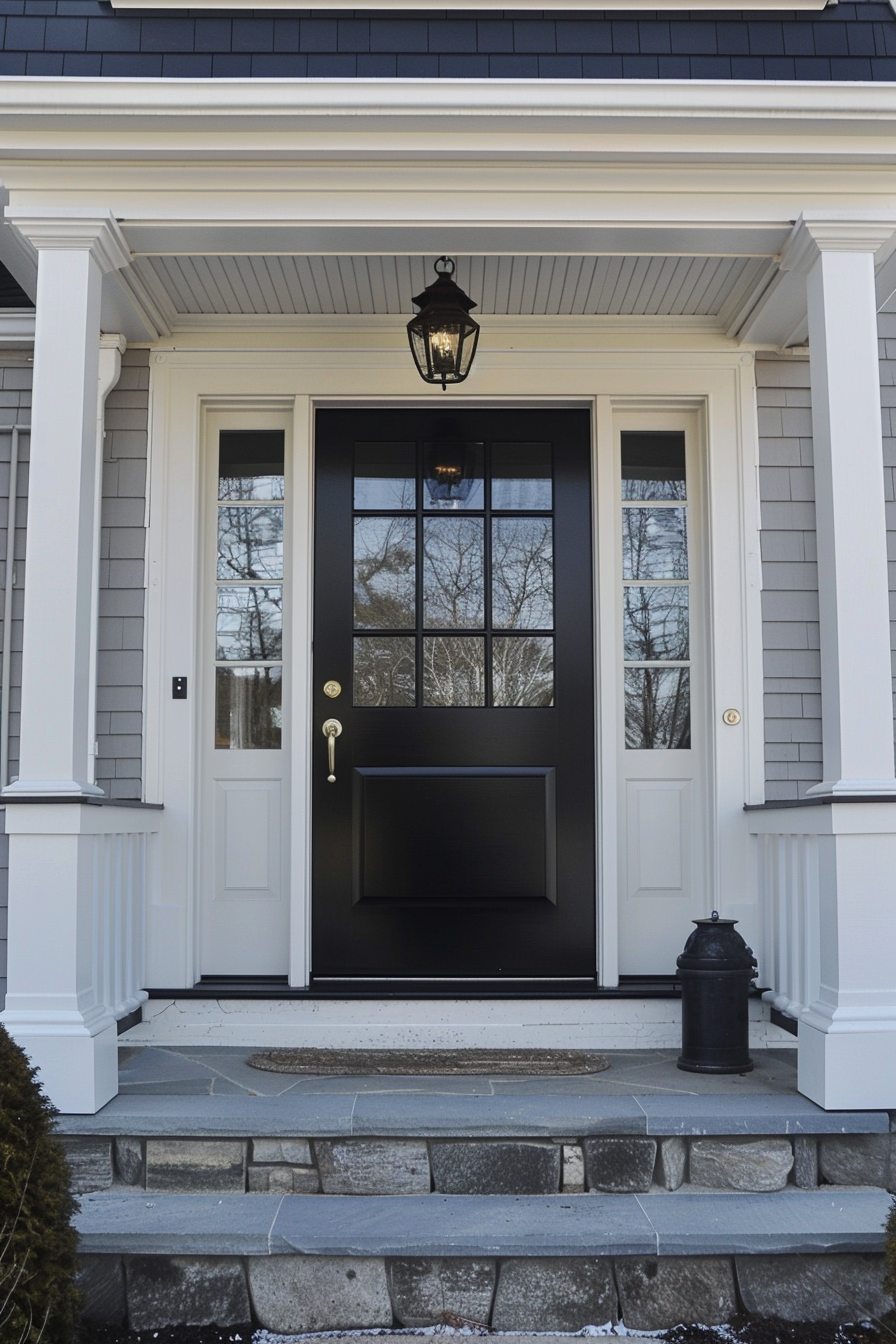 Elegant house entrance with a black front door framed by white columns, a hanging lantern above, and stone steps leading to the doorway.