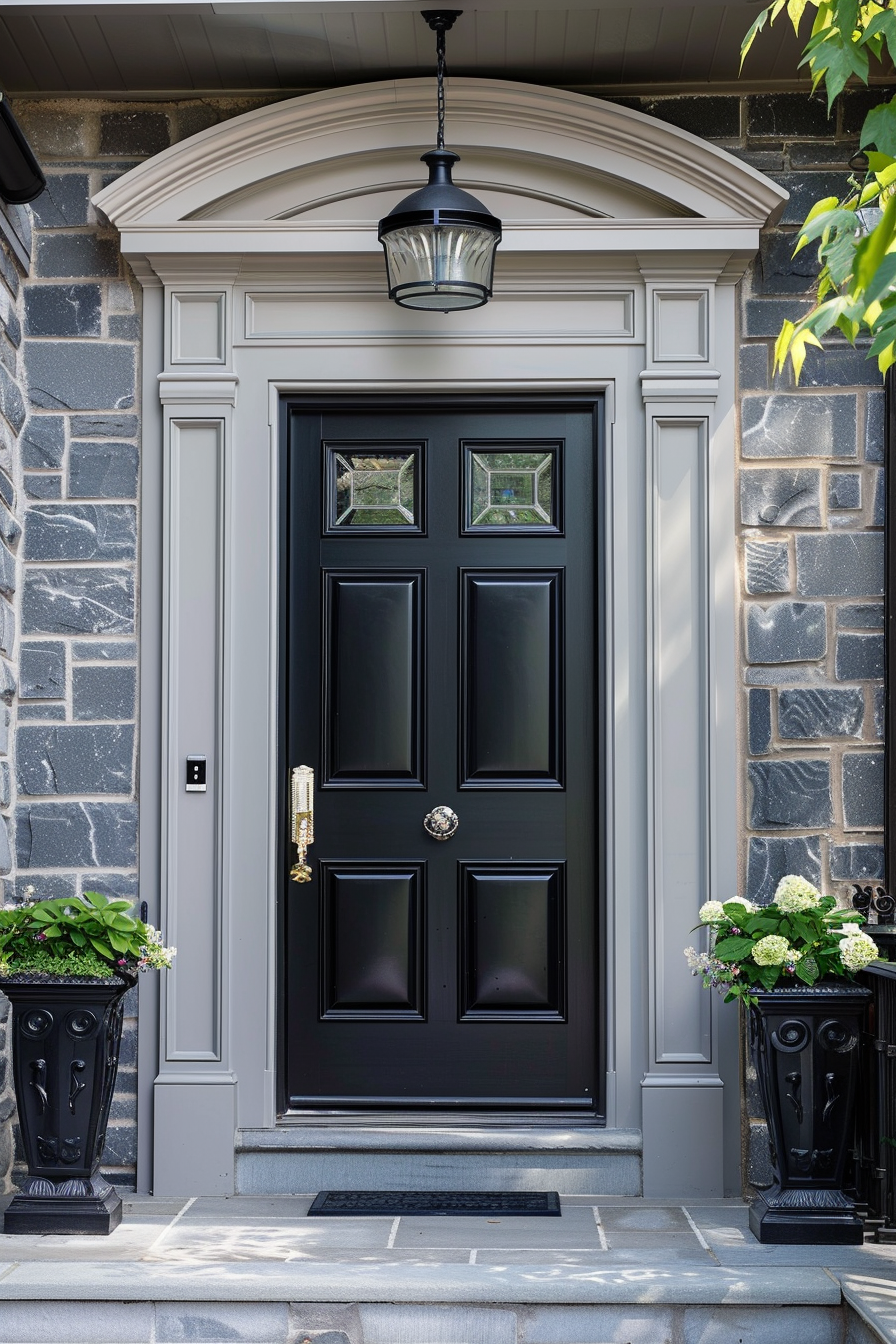 Elegant black front door with glass panels, flanked by planters, a hanging lantern above, and stone steps leading up to the entryway.