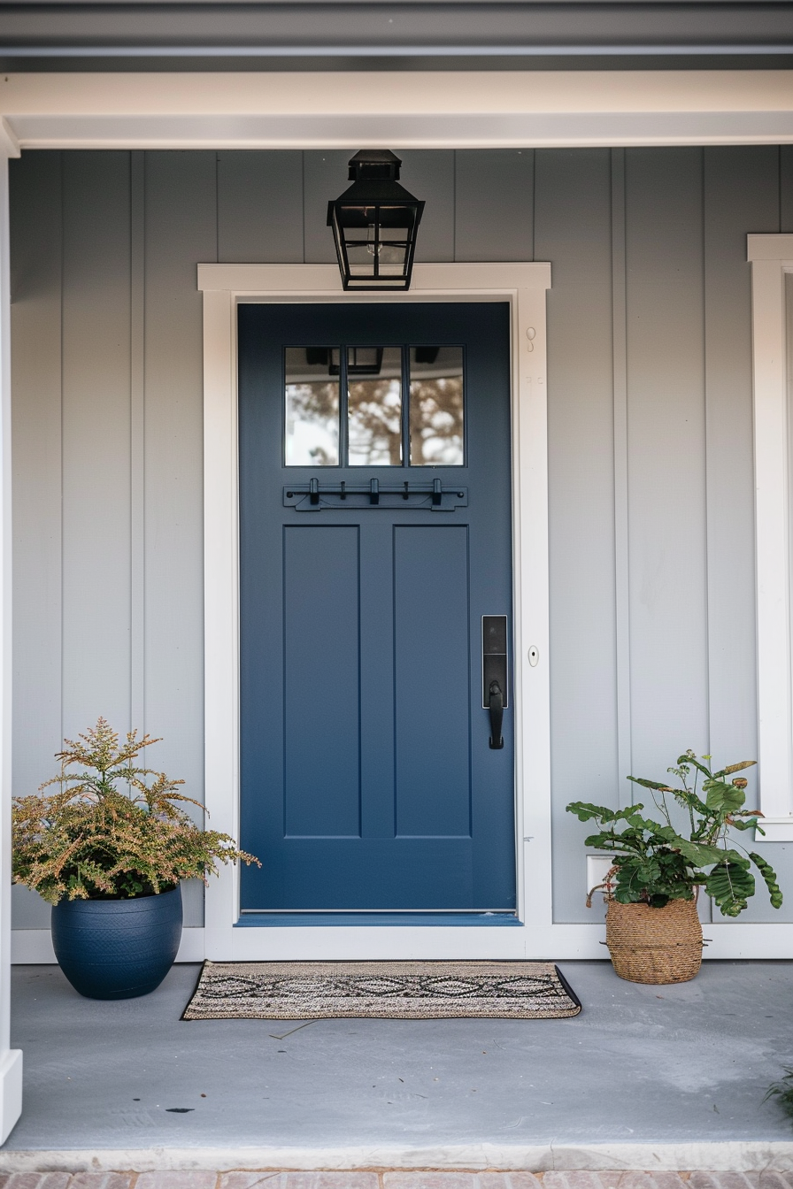 A navy blue front door with a window, flanked by potted plants, under a porch light on a home's exterior.