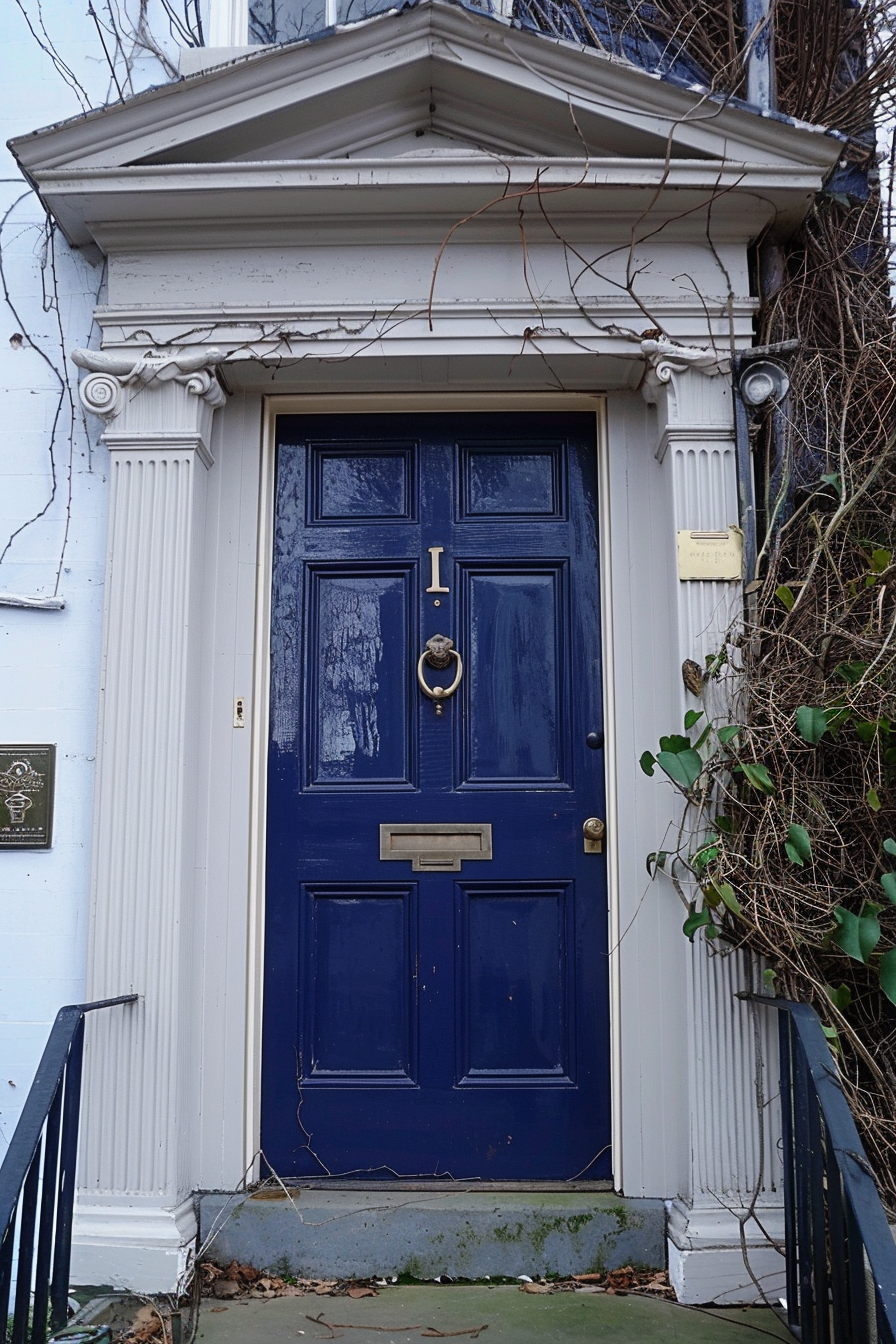 An elegant blue door with a brass knocker and letter slot, framed by white trim and overgrown foliage, on a traditional building.