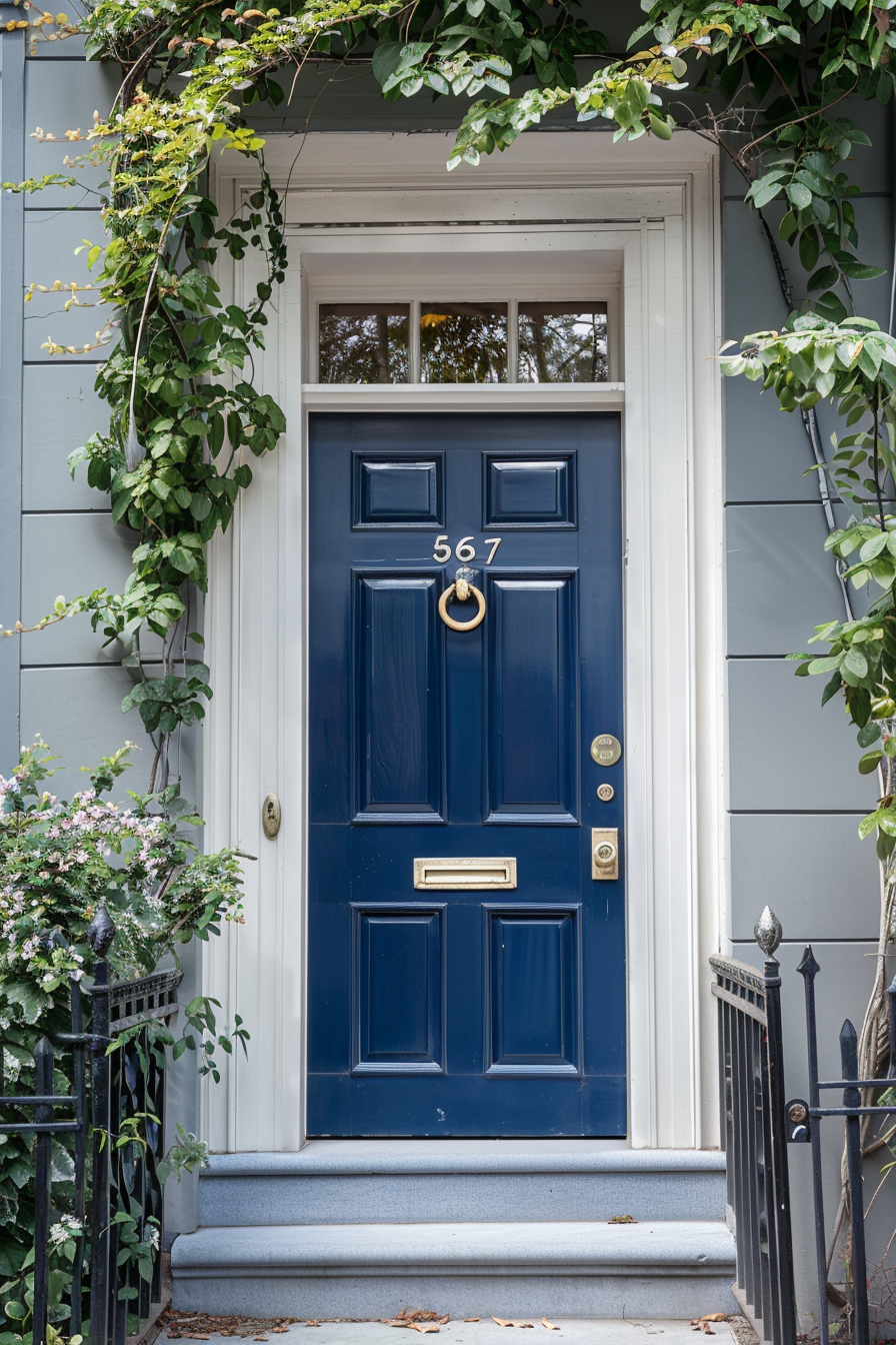 A navy blue front door adorned with a brass knocker and house number 567, framed by lush greenery and a gray exterior wall.