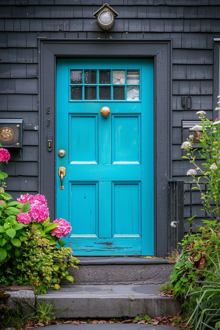 A vibrant turquoise blue door set in a dark grey house facade, adorned with pink hydrangea blooms and greenery.