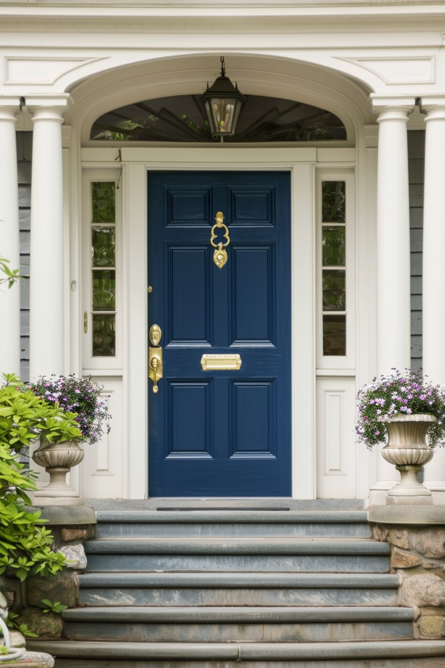Elegant blue front door with brass hardware, flanked by white-trimmed sidelights and potted flowers, leading up stone steps.