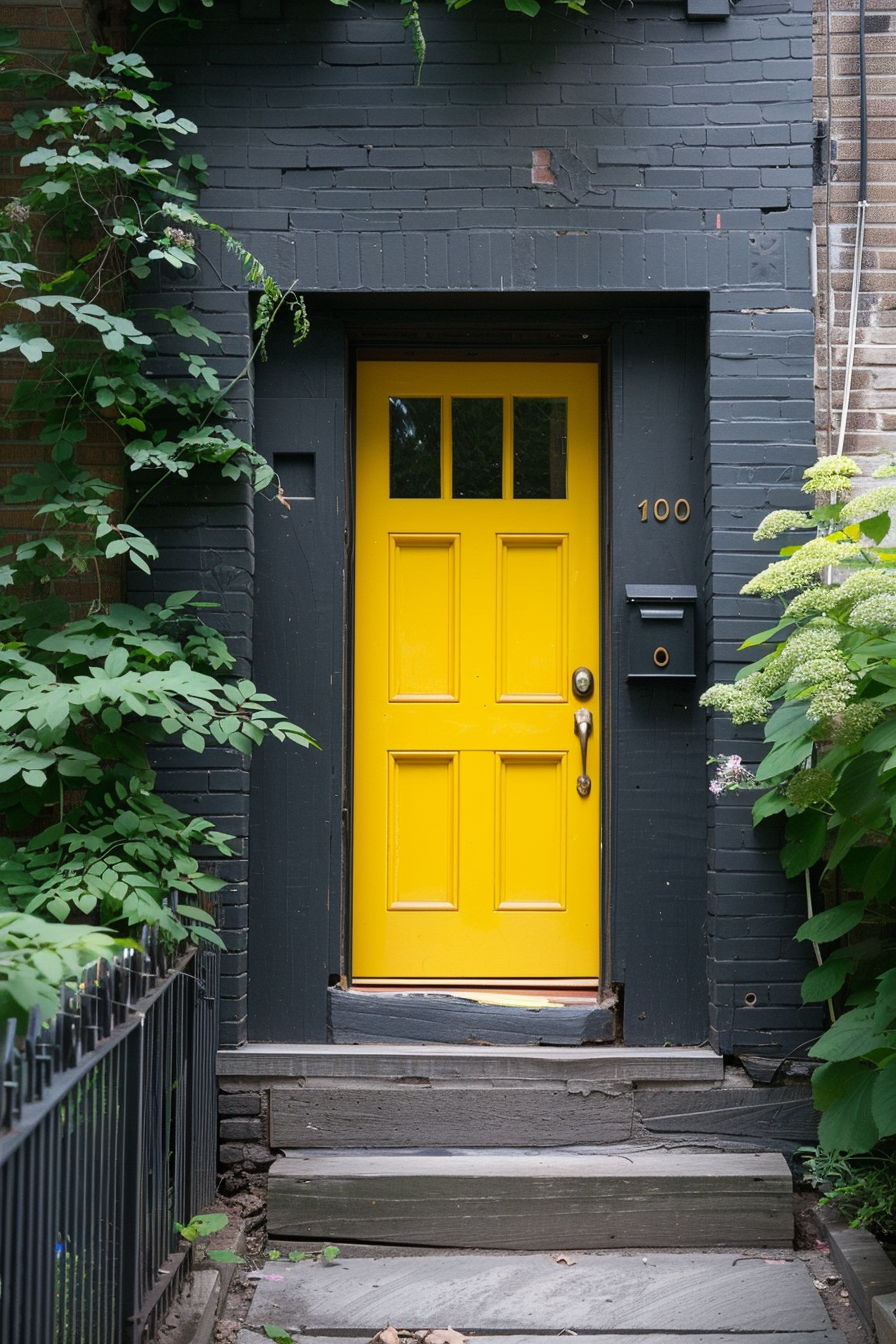 A bright yellow door on a dark grey house with stairs leading up to it, surrounded by green foliage. Address number 100 visible.