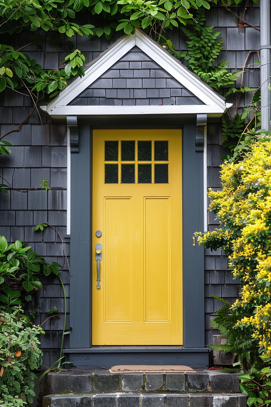 ALT: A bright yellow door with small windows set in a dark gray house with natural greenery and yellow flowers surrounding it.