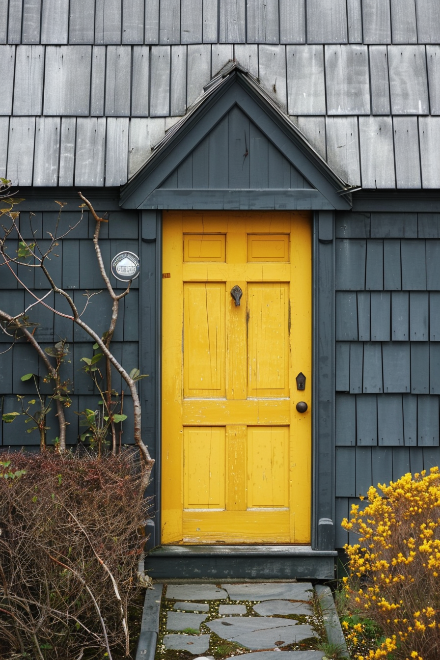 A bright yellow door stands out on a dark gray, weathered wood-paneled house with a stone pathway and blooming yellow shrubs.