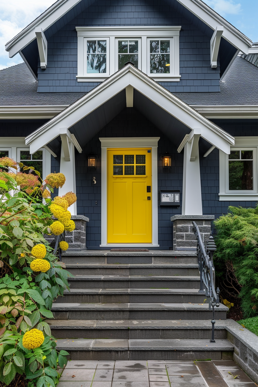 A charming dark blue house with a contrasting bright yellow front door, stone steps, and lush greenery.