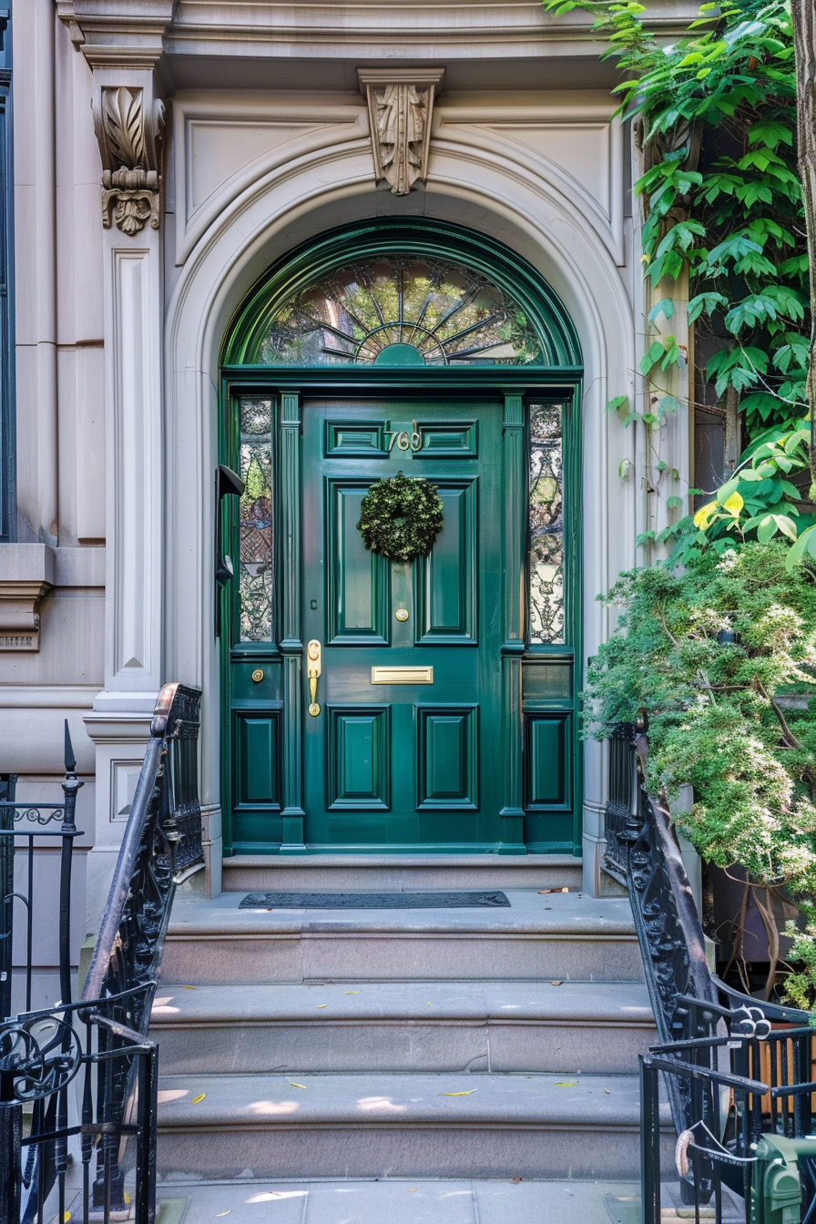 ALT Text: "Elegant dark green door with a wreath, transom window above, on a building with stone steps, flanked by lush greenery."