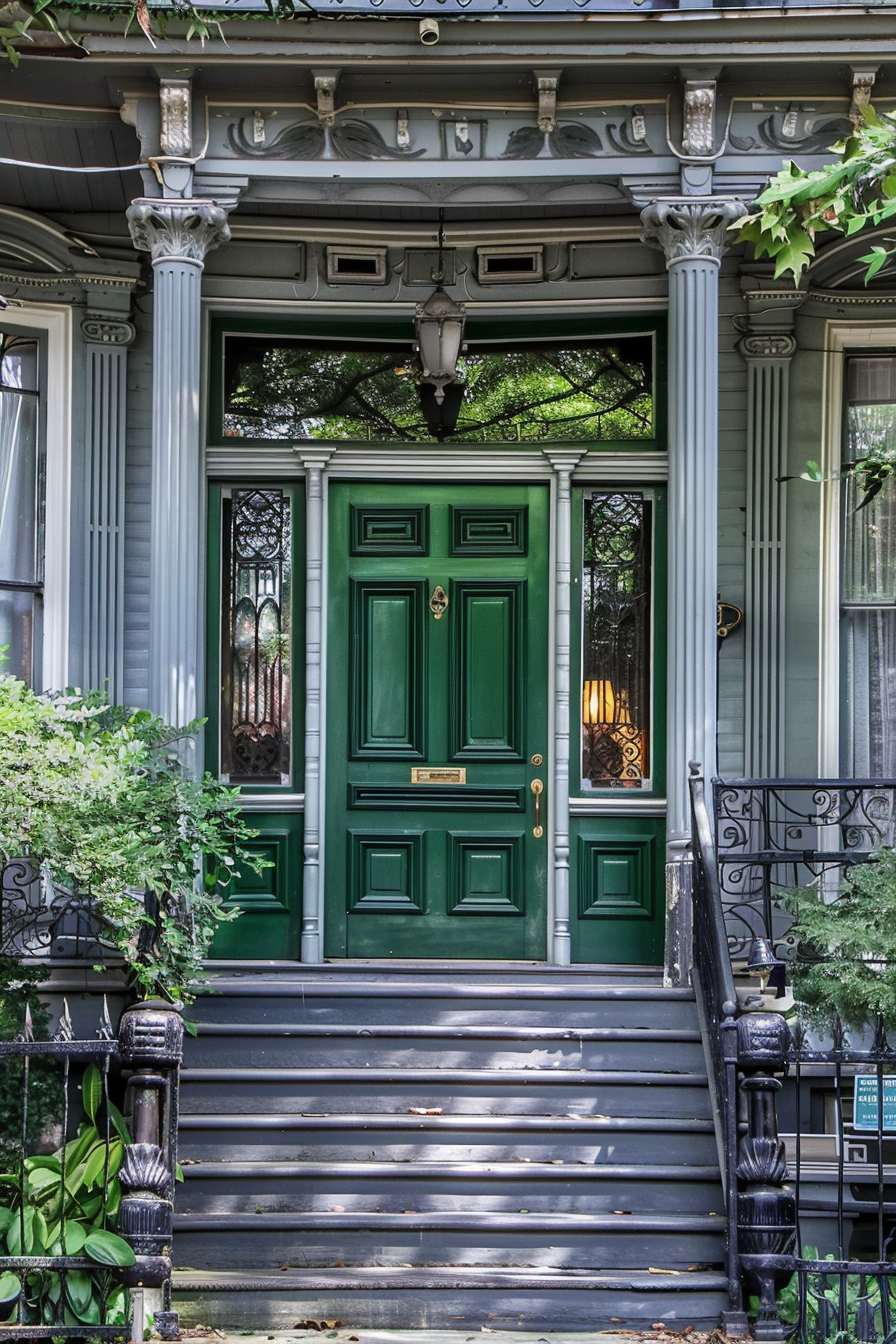 Elegant entrance of a vintage house with a green door, grey steps, and intricate Victorian-style architecture surrounded by greenery.