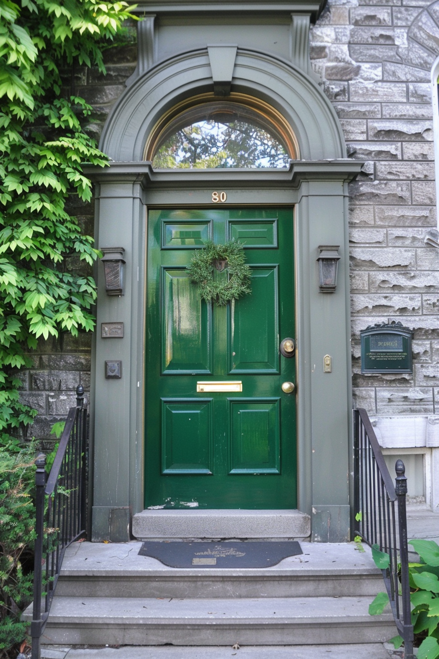 An elegant green door with a wreath, framed by stone walls and leafy plants, with number 80 above it.