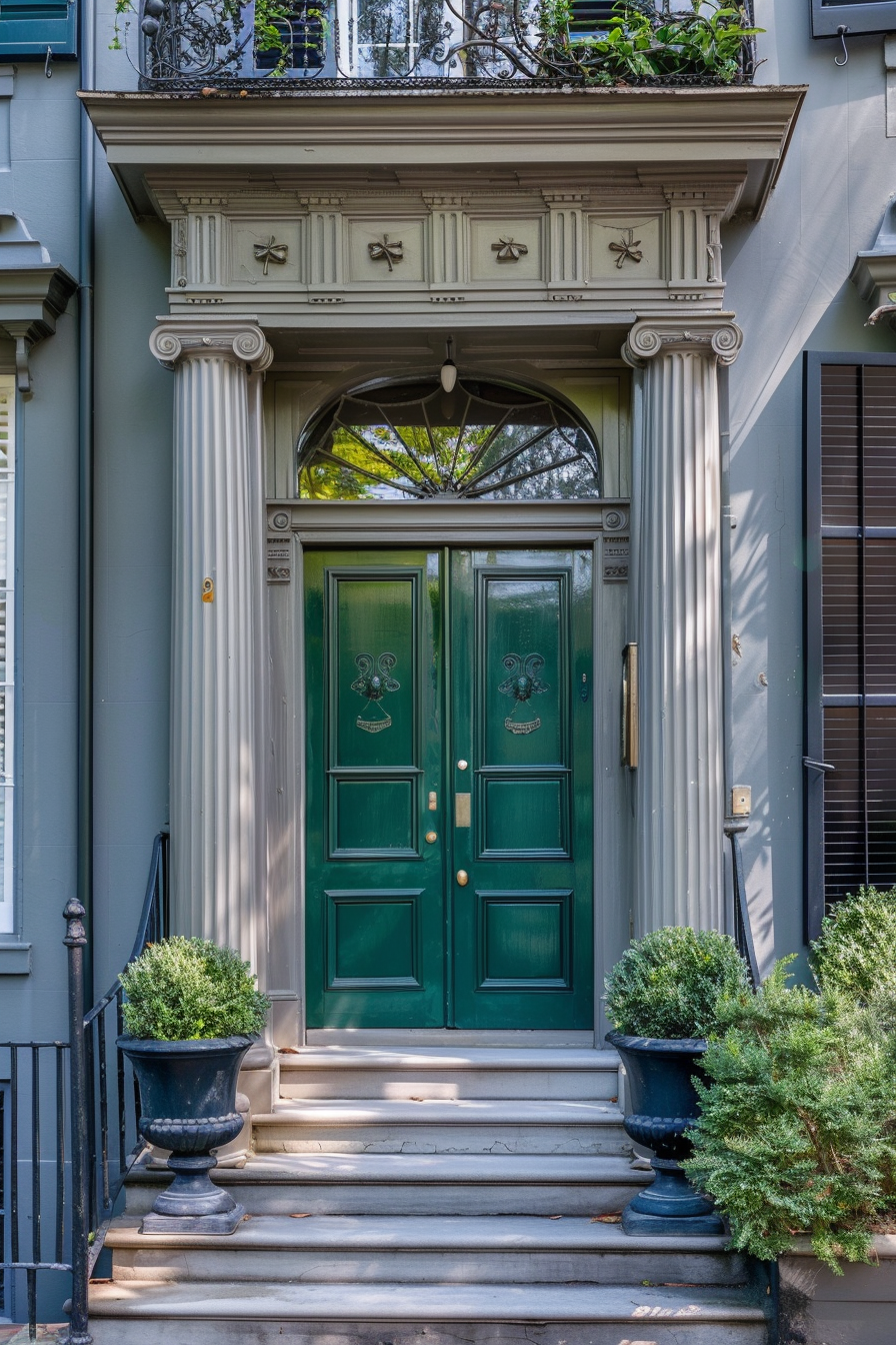 Elegant doorway with green double doors flanked by columns and topiaries on a stone staircase.