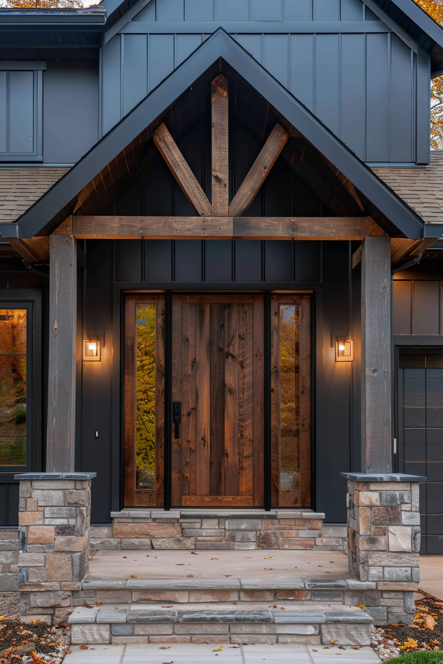 Modern house entrance with dark facade, wooden door, and stone steps, framed by an autumnal landscape.