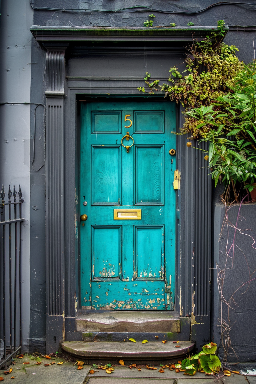 A weathered teal door with brass fittings and number 5, nestled in a dark gray frame with overhanging greenery.