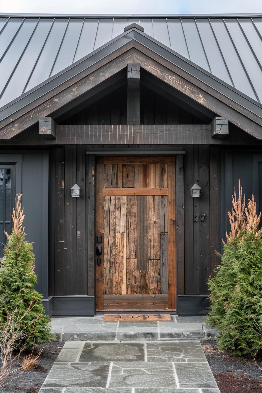 A rustic wooden door on a dark modern house with conifers on either side and a stone pathway leading up to the entrance.