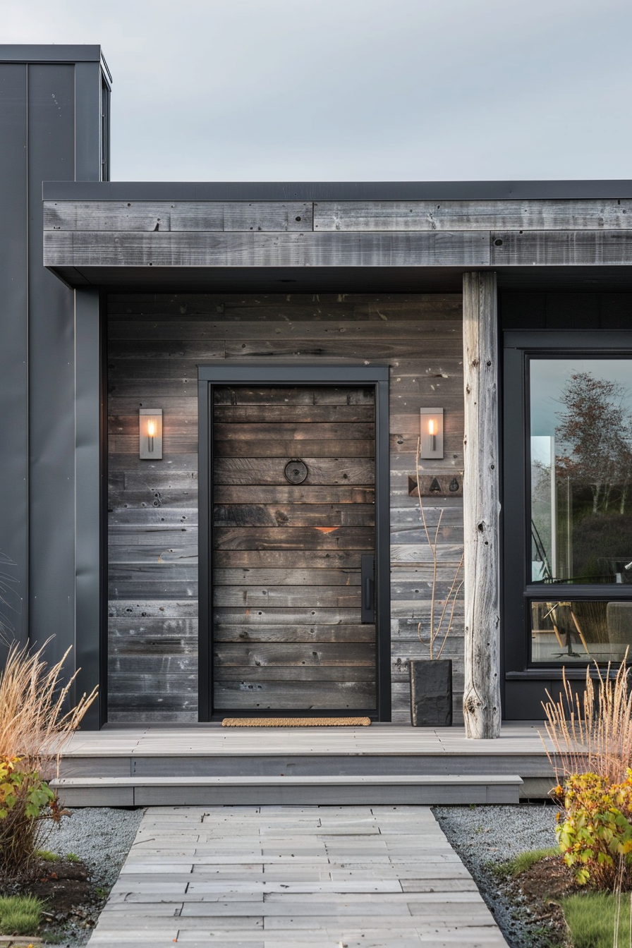 Modern house entrance with weathered wood siding, a dark framed door, and a paved walkway.