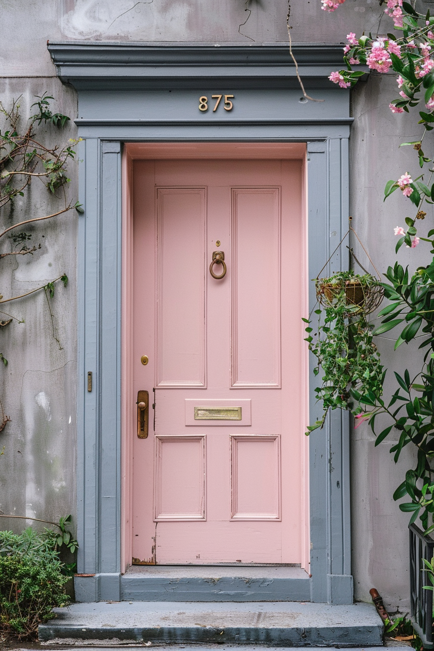 A charming pink door with the number 875, framed by a blue doorway and surrounded by greenery and pink flowers.