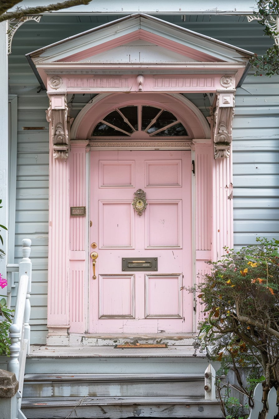 A vintage pink door with ornamental features on a blue-gray wooden house, flanked by a small flowering bush.
