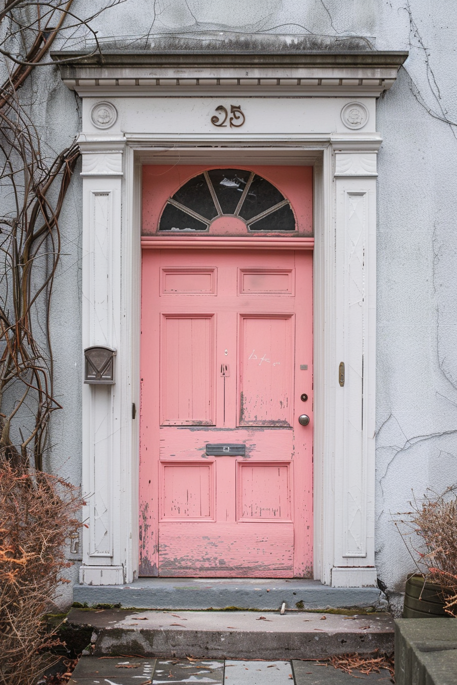 A weathered pink door with peeling paint, set in a white frame on a gray wall, is flanked by bare vines and has the number 25 above it.