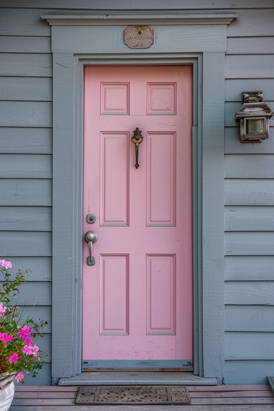 A charming pink door set in a light blue house with a "Welcome" sign, knocker, doormat, and a lantern fixture to the side.
