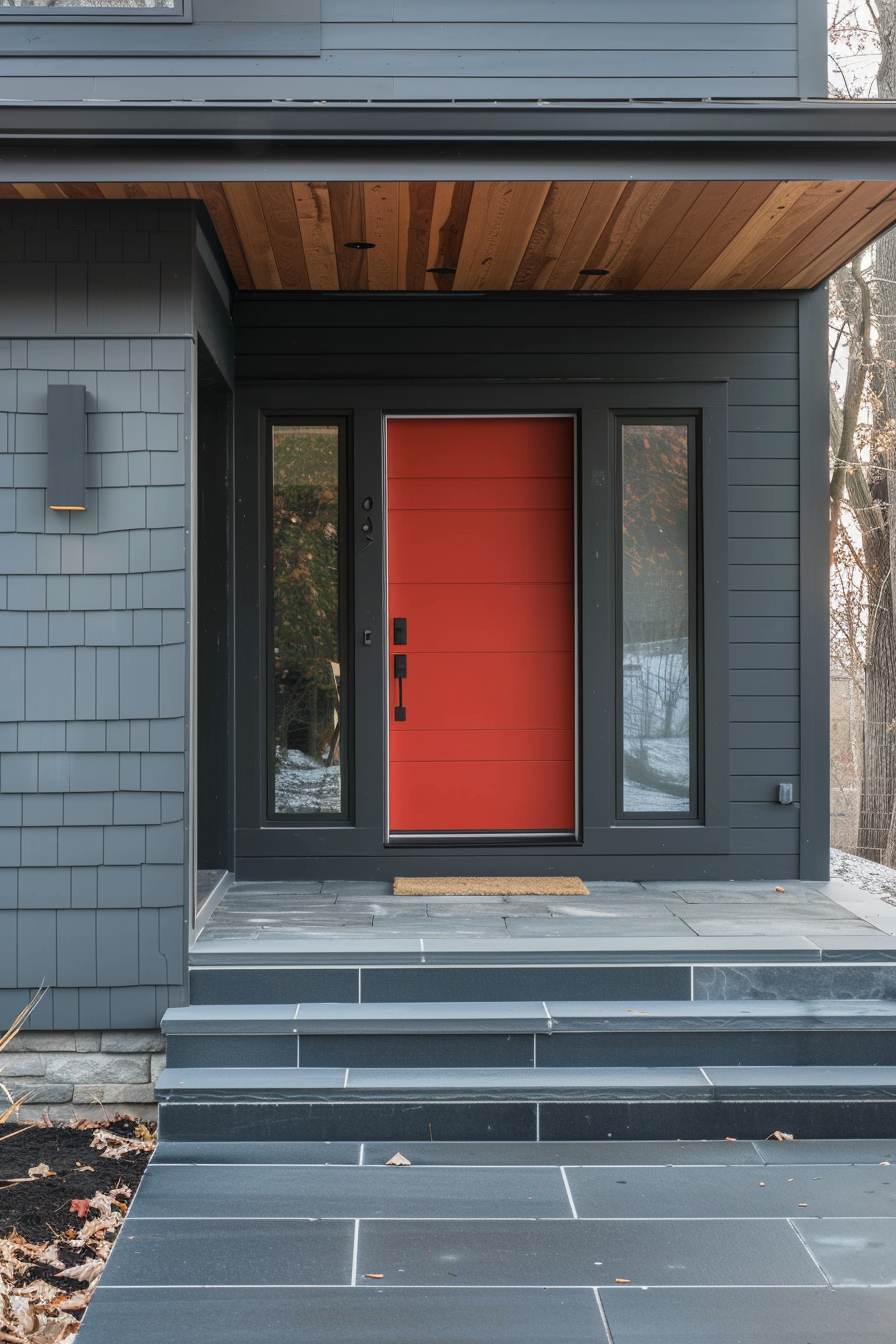 A modern house entrance with a bright red door, gray siding, wooden ceiling overhang, and dark stone steps.