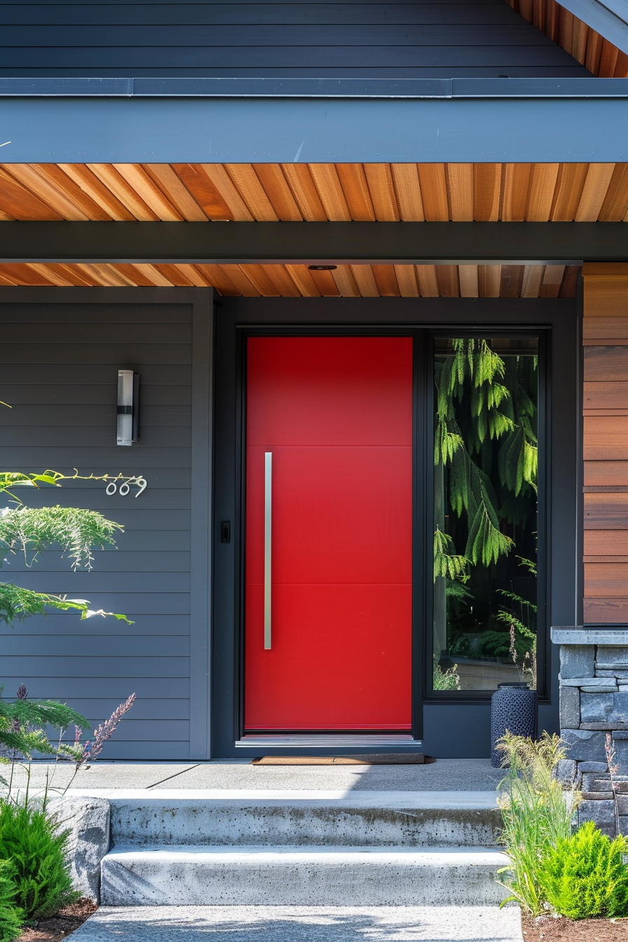 A vibrant red door with a long handle on a modern house with dark gray siding and a wooden ceiling overhang.
