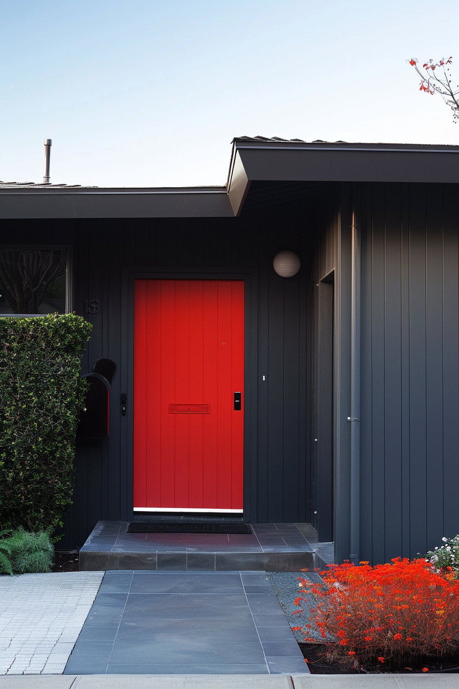 A modern house entrance with a vibrant red door set against dark gray siding, complemented by red flowers and greenery.