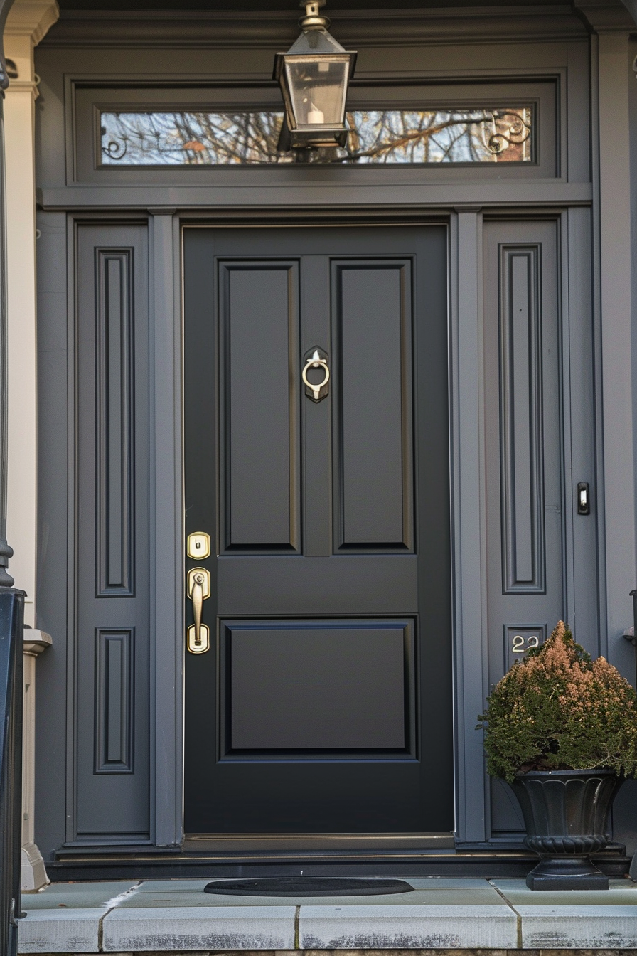 Elegant black front door with gold hardware, transom window above, and a potted plant to the side. House number 22 displayed.