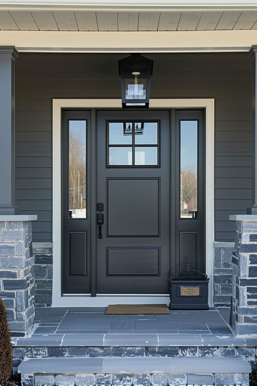 A modern front door with sidelights, hung lantern above, and stone steps leading to the entrance.