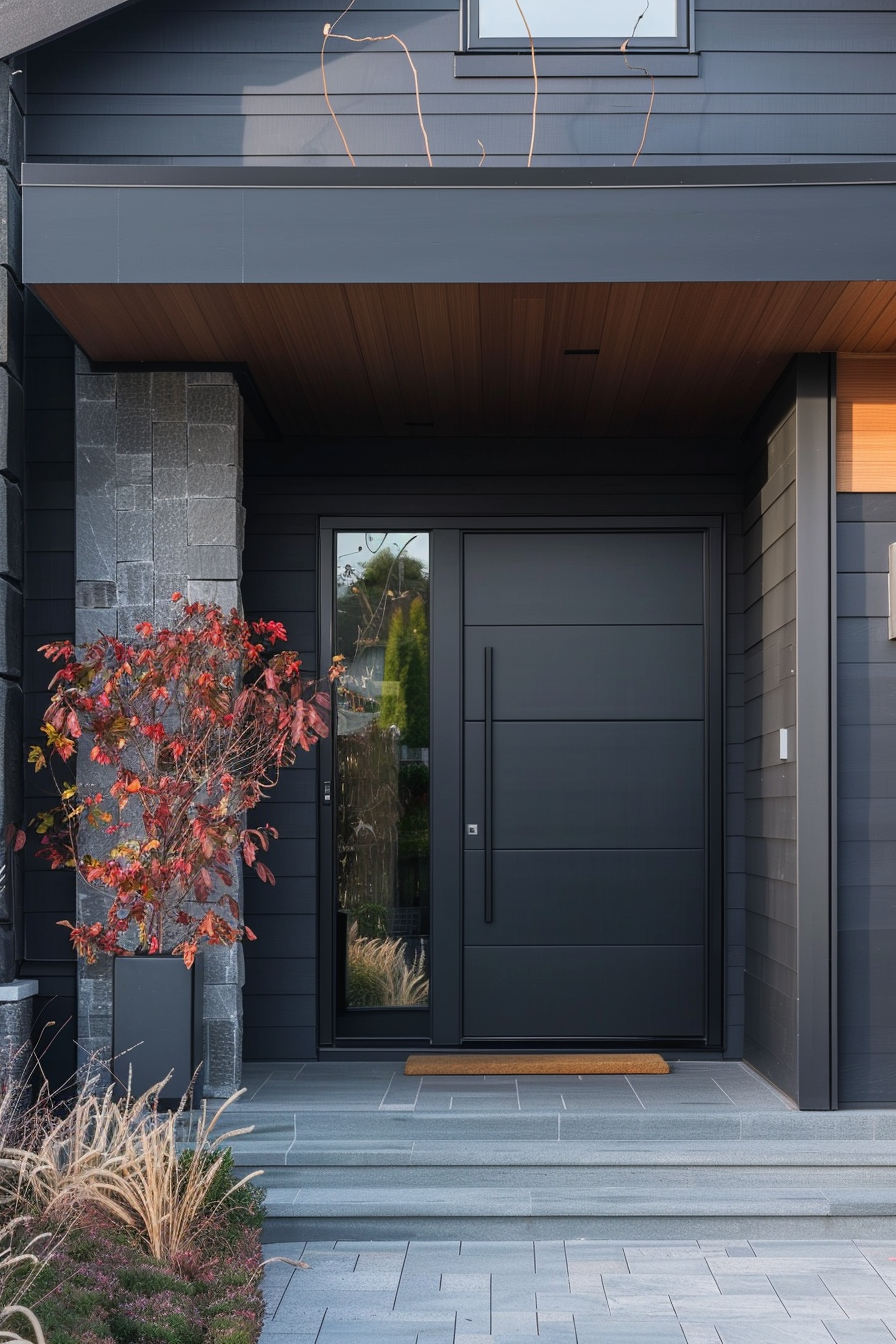 Modern house entrance with a dark gray door, stone accents, wooden overhang, and a plant with red leaves.
