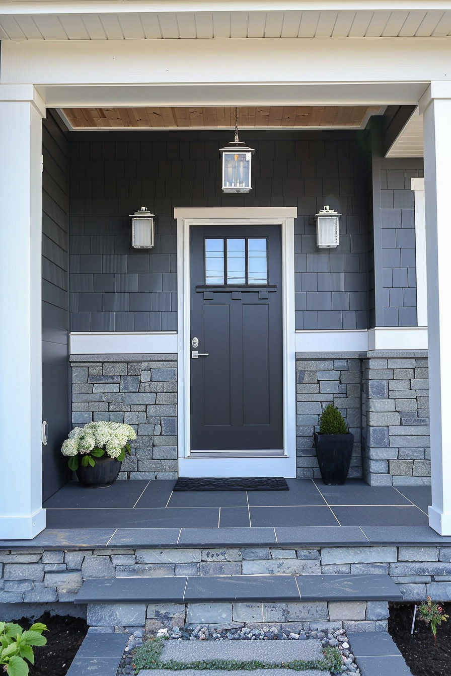 A modern house entrance with a dark gray door, stone accents, and hanging porch light.