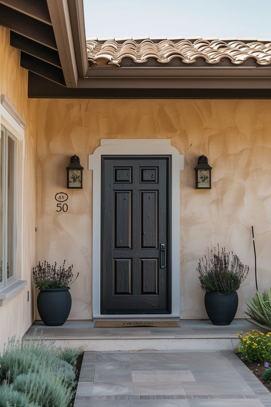 A front door of a house with textured walls, two mounted lanterns, potted plants, and a house number plaque.