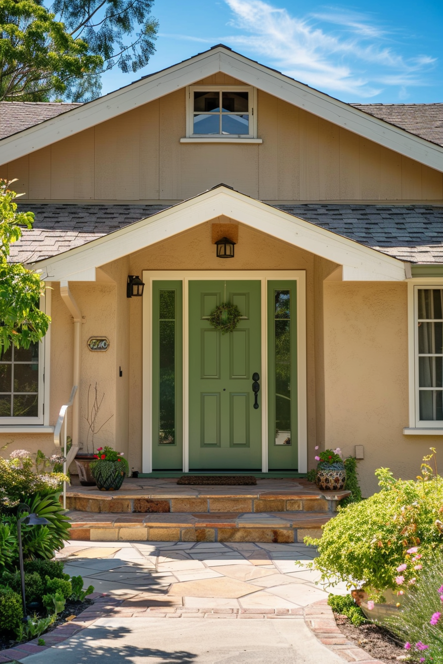 ALT Text: "Charming front entrance of a beige house with a green door, stone steps, potted plants, and decorative wreath under a clear blue sky."