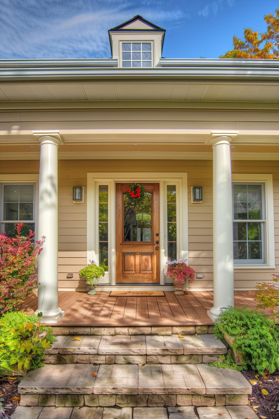 Front porch of a house with wooden door, white columns, stone steps, and flowering plants.