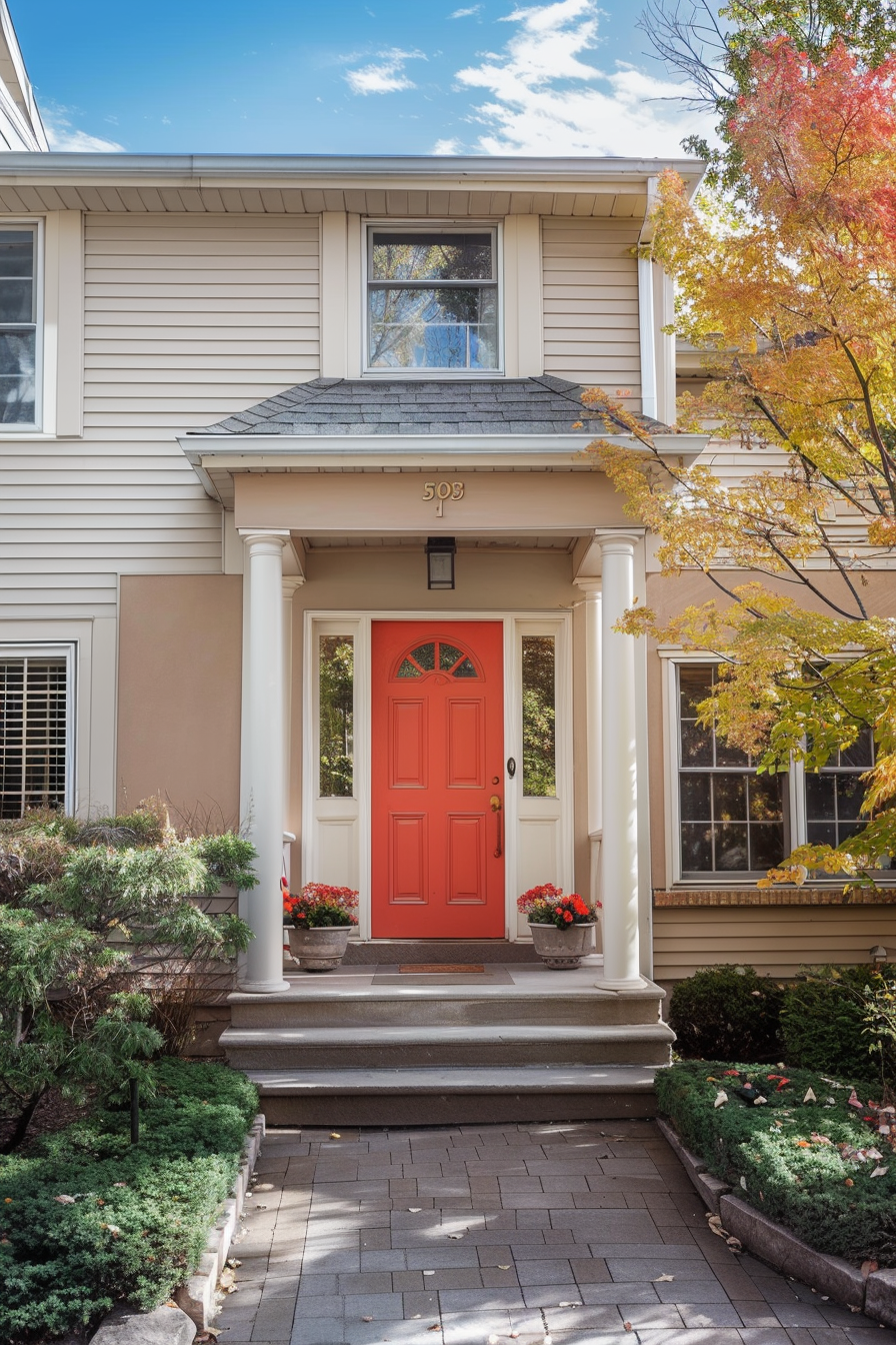 A cozy home entrance with a vibrant red door, flanked by potted plants and surrounded by autumn foliage.