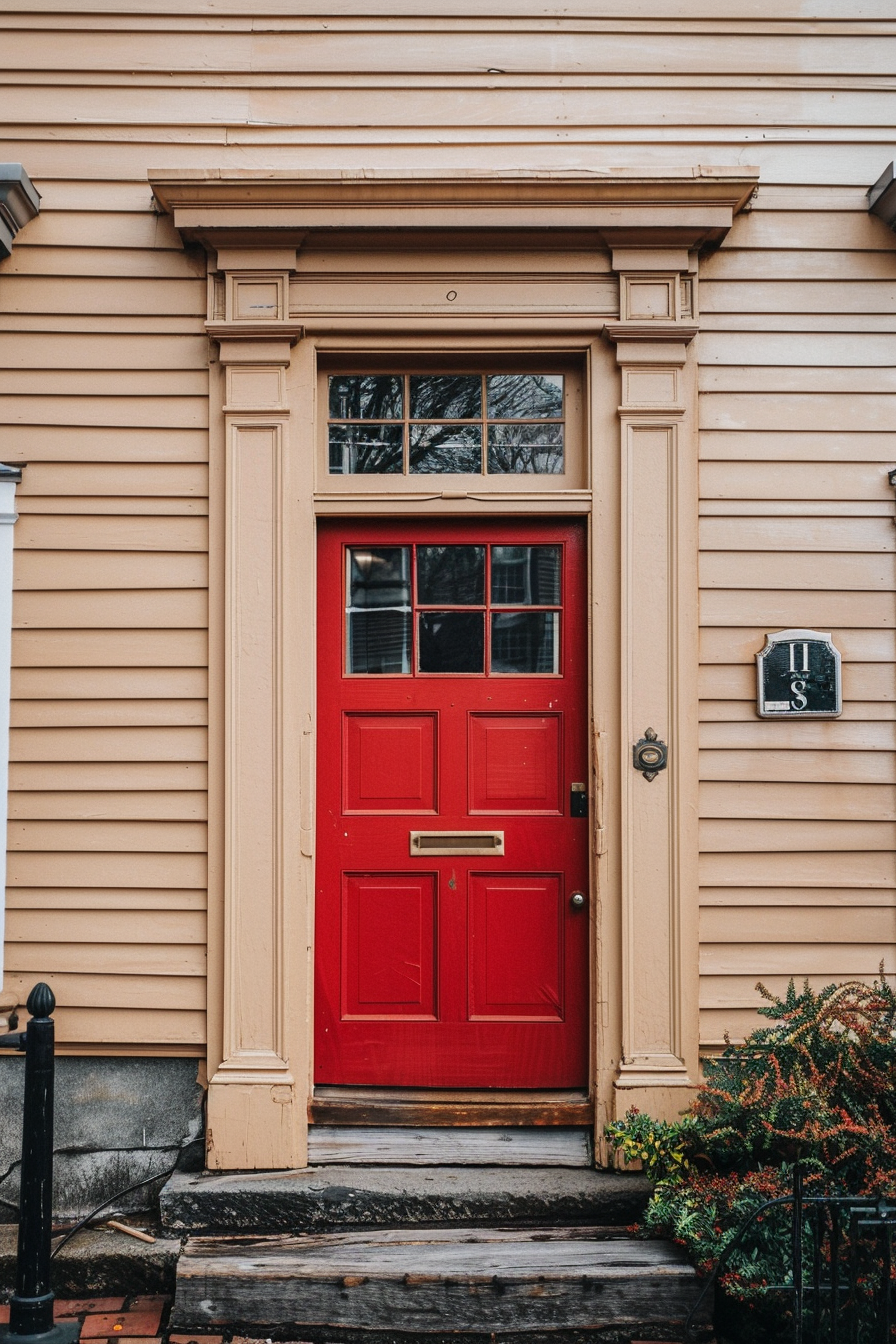 A bright red door with brass fixtures set in a beige wooden house facade with steps and a small shrub beside the entrance.