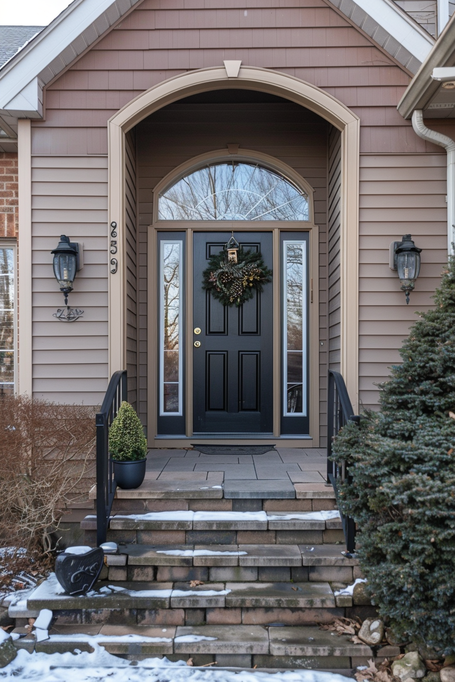 Front door of a house with a Christmas wreath, flanked by wall lanterns, with stone steps and a dusting of snow.