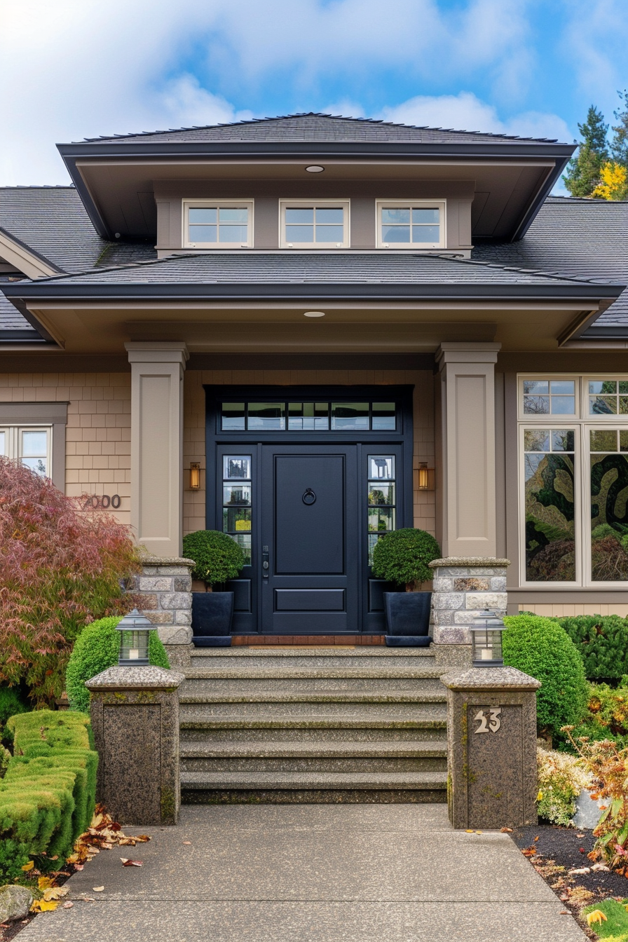 Elegant two-story house entrance with a black door, stone steps, flanked by potted plants and a clear sky above.