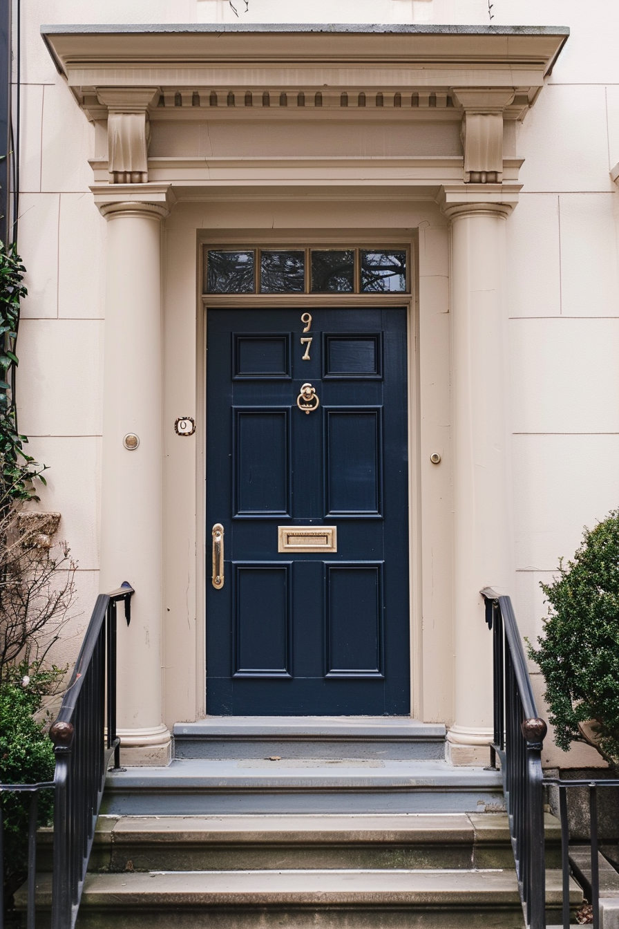 Elegant navy blue front door with gold hardware and number 97, flanked by cream-colored walls and set atop stone steps with black railings.