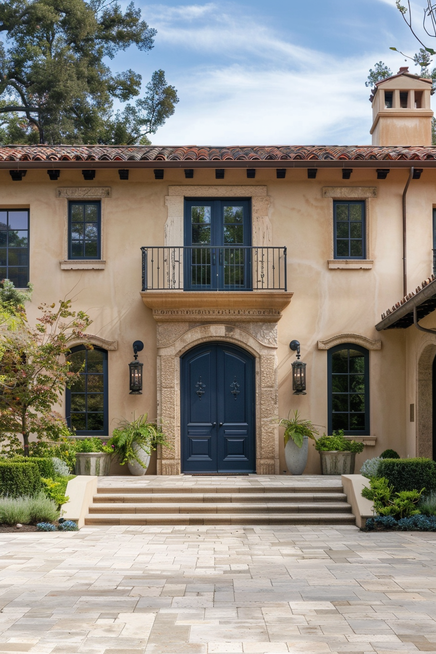 Elegant Mediterranean-style house facade with a blue front door, Juliet balcony, terracotta roof, and landscaped entrance.
