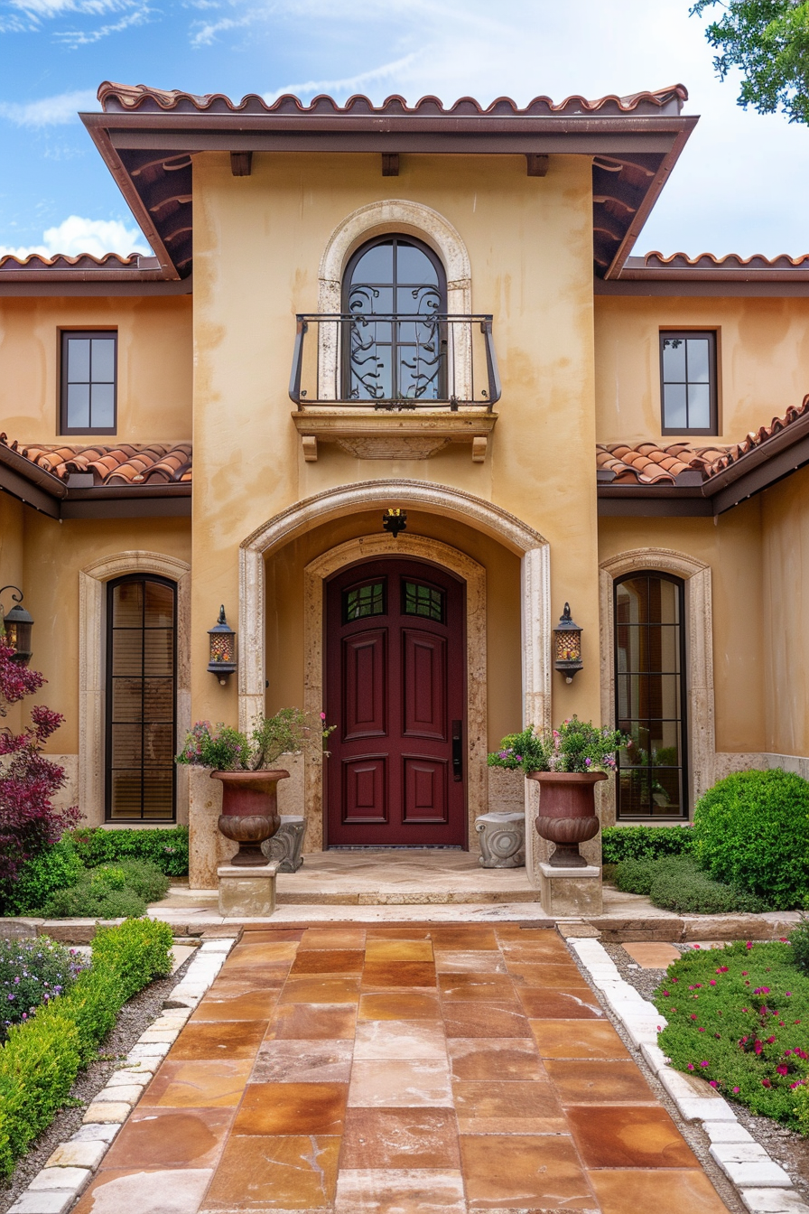 Elegant Mediterranean style home entrance with terracotta pathway, a dark wood door, and lush greenery in earthen pots.