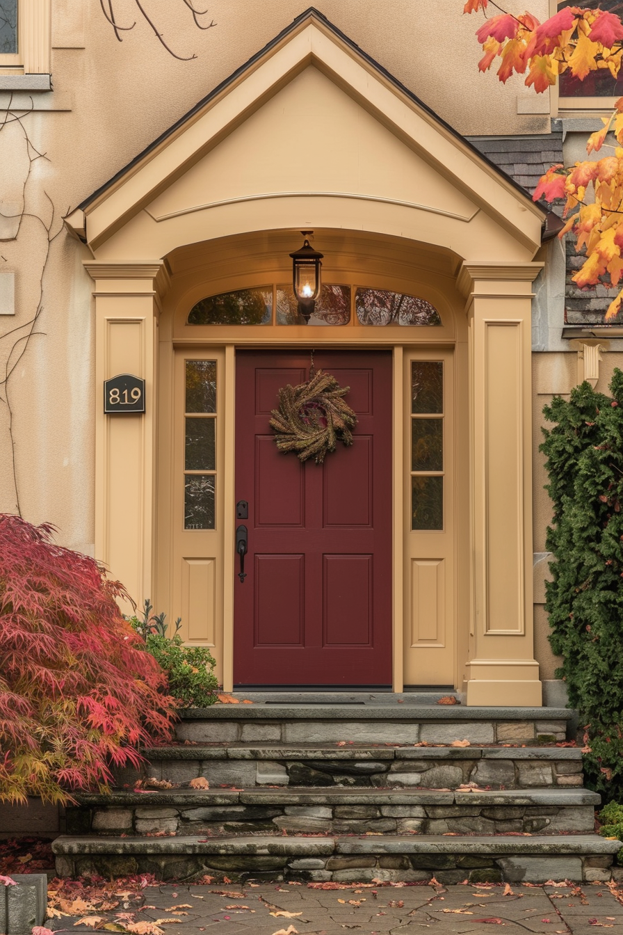 Front door of a house with a red door and wreath, surrounded by fall foliage and a lit porch light.