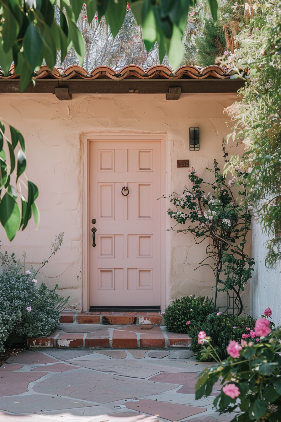 A pastel pink front door of a house with Spanish tile roofing, flanked by green plants and pink flowers, under a sunny sky.