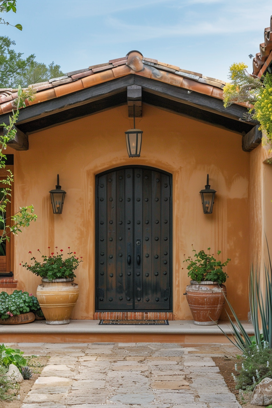 Entrance of a Mediterranean-style house with a rustic black door, wall lanterns, and potted plants.