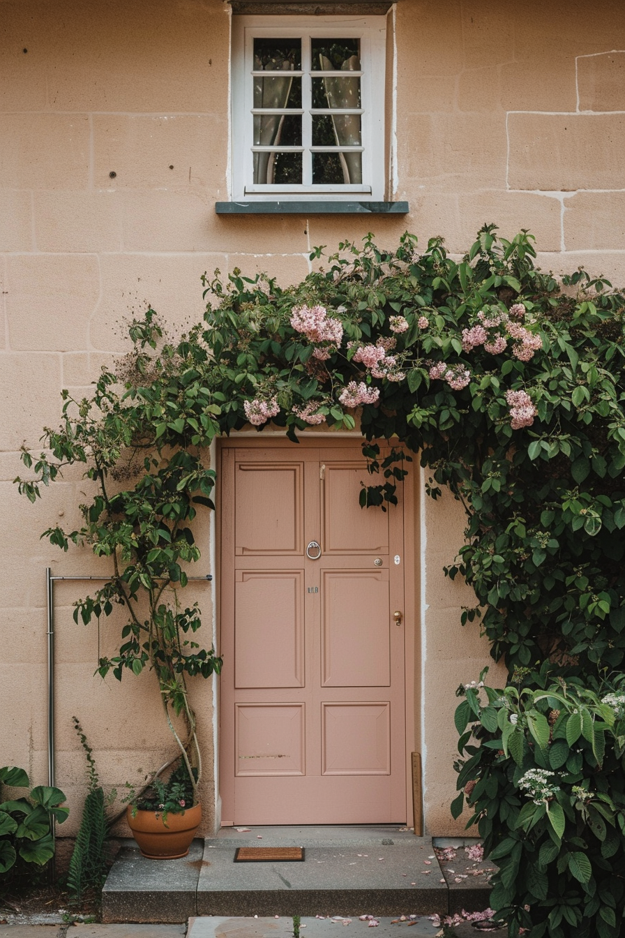 A quaint pink door framed by greenery and blooming flowers, with a small window above, set in a textured cream wall.
