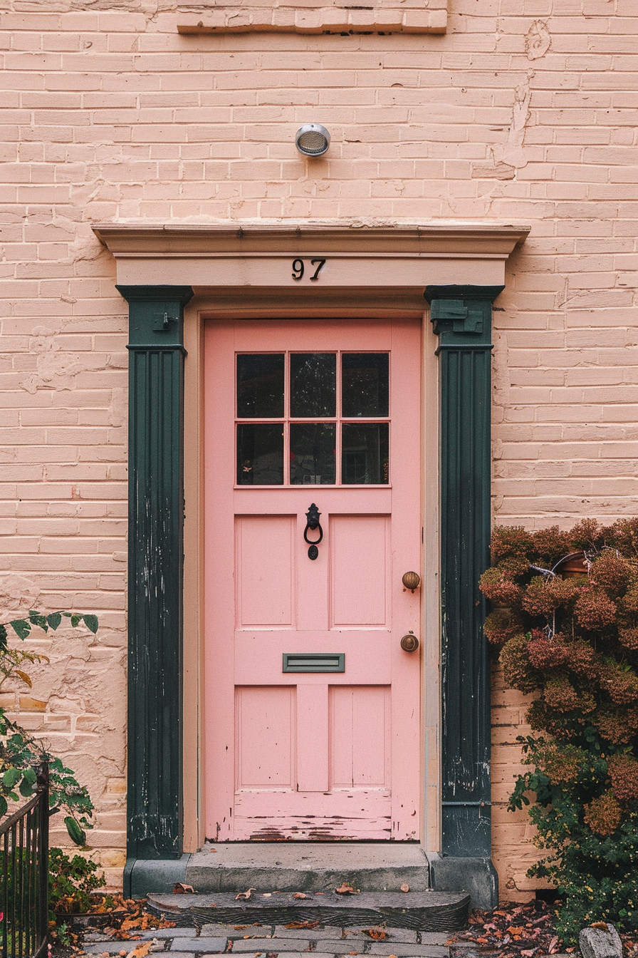 Vintage pink door with number 97 on a beige brick wall, framed by green trim and a bush to the side.